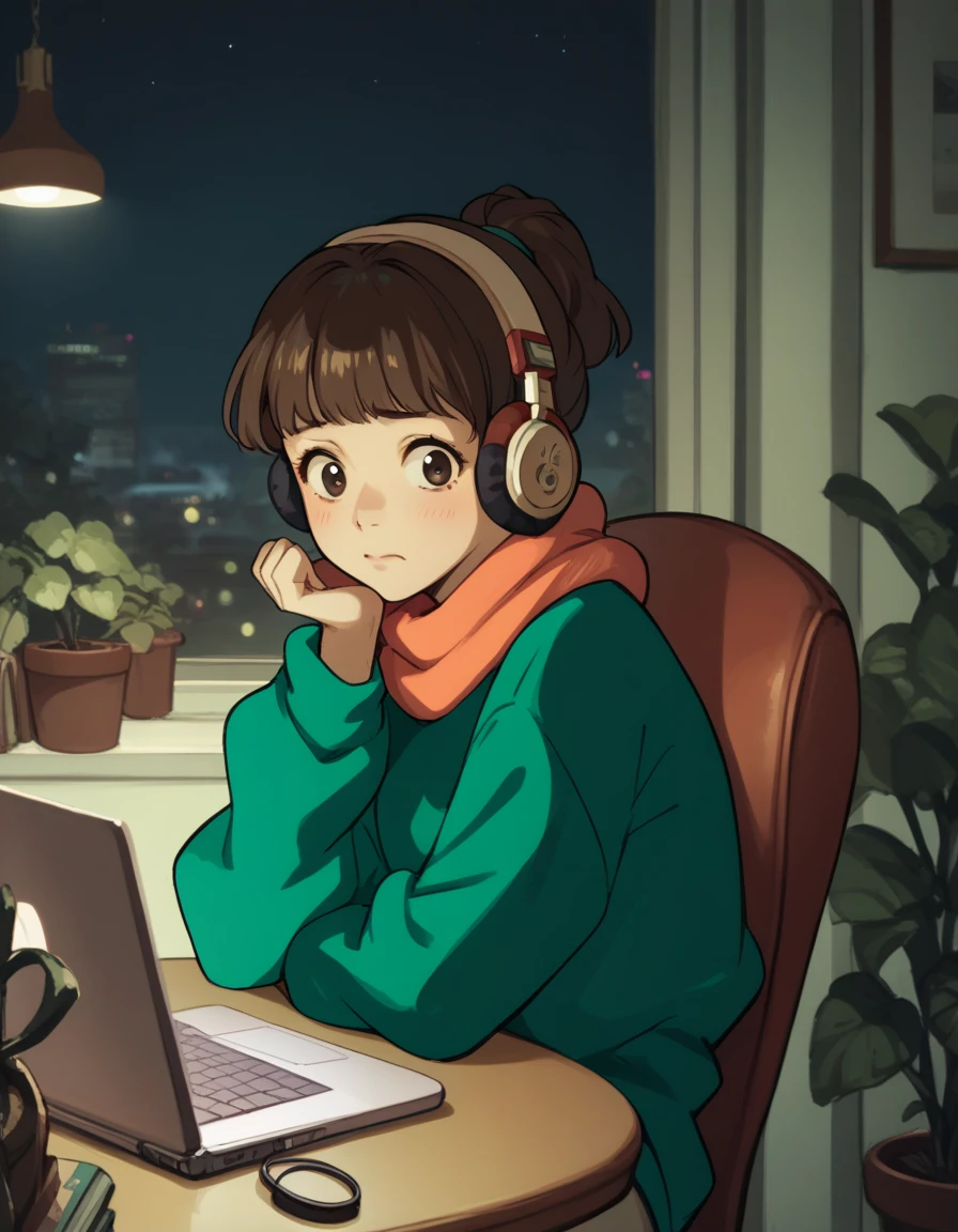 score_9, score_8_up, score_7_up, source_anime, <lora:lofigirl-ponyxl-000021:1> 1girl, lfg, sweater, scarf, pants, headphones,
chair, sitting, caught, embarrassed, laptop, desk, from side, looking at viewer, night