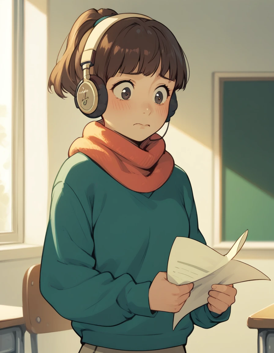 score_9,  score_8_up, score_7_up, source_anime, <lora:lofigirl-ponyxl-000021:1> 1girl, lfg, sweater, scarf, pants, headphones,
academic test, embarrassed, holding paper, looking down, classroom