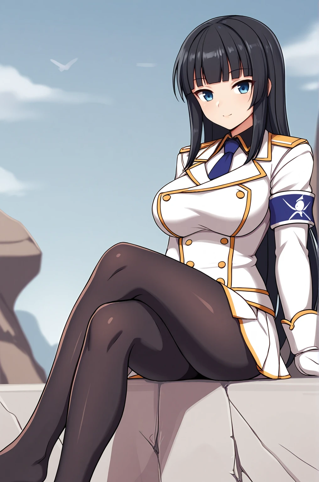 anime artwork, score_9, score_8_up, score_7_up, source_anime, BREAK, thick outline, fat outline,
Ikaruga_XL, long black hair, blunt bangs, hime cut, dark blue eyes, large breasts, BREAK, Ikaruga_Shinobi, white military uniform, golden buttons, golden epaulettes, black shirt, purple tie, long sleeves, armband, white gloves, white pleated skirt, black pantyhose,  BREAK, outdoors, sitting, crossed legs,
<lora:Ikaruga_XL:0.7>
<lora:PersonalAmi_PonyXL:1.0>