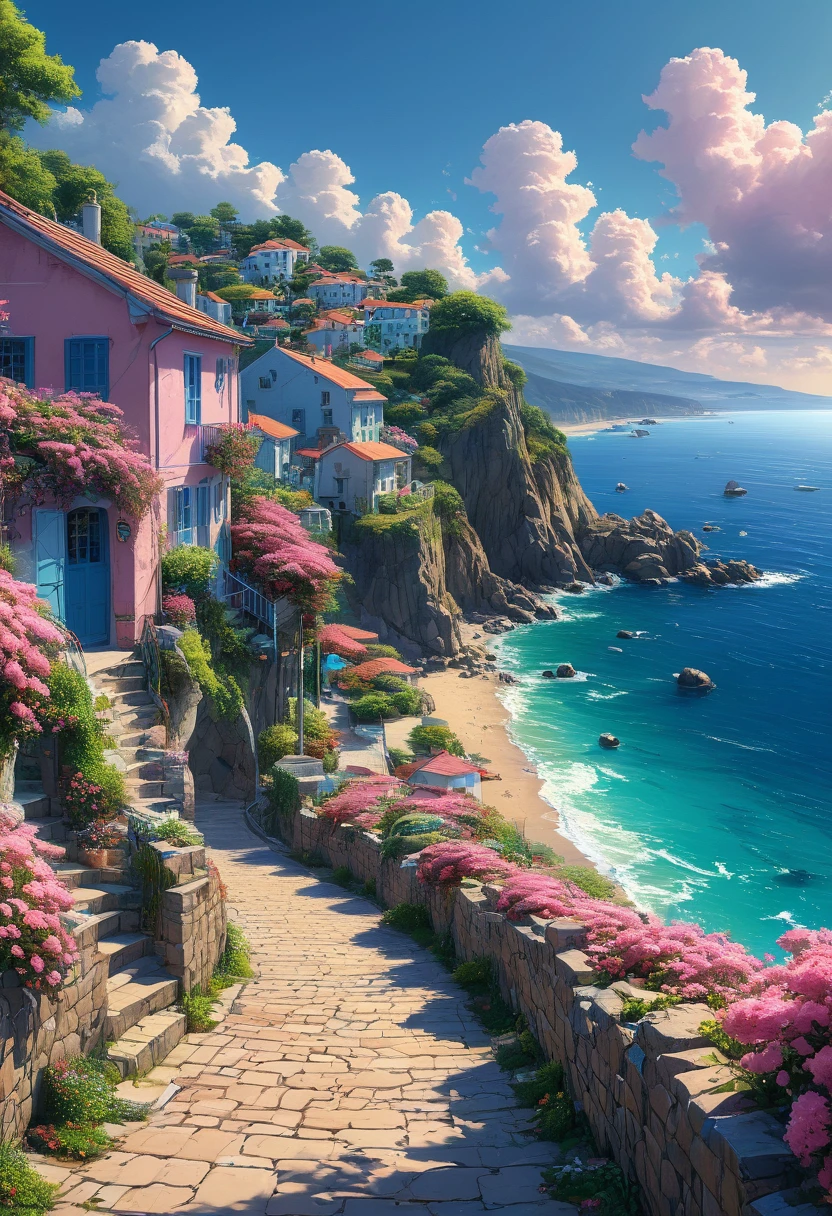 (ultra high res:1.4), (masterpiece:1.4), (beautiful lighting:1.4), Beautiful coastal village with flowers, bright blue sea in the background, sunny day, stone road leading to beach area, houses on cliffside overlooking ocean, bright sky, colorful clouds, green trees and plants along street, pink blossoms hanging from buildings, detailed architecture, serene atmosphere. 