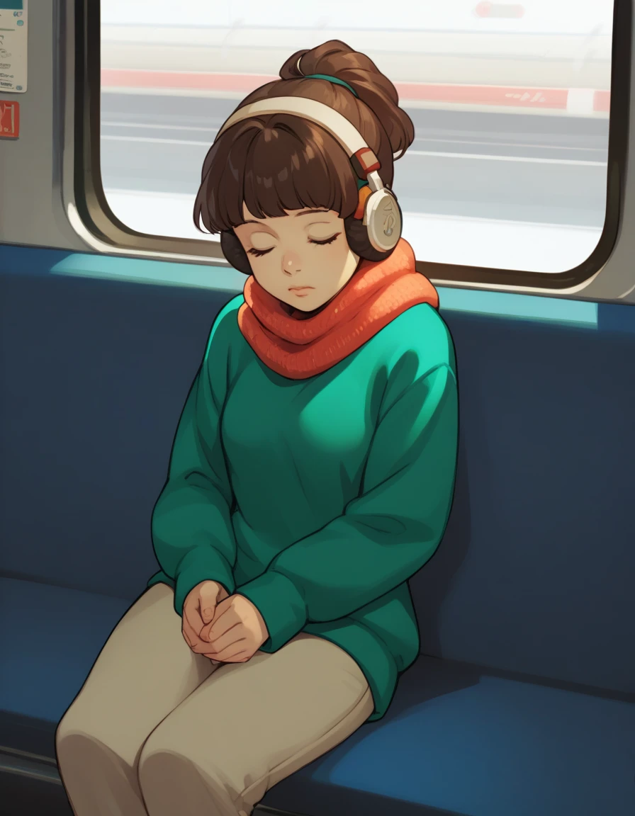 score_9,  score_8_up, score_7_up, source_anime, <lora:lofigirl-ponyxl-000021:1> 1girl, lfg, sweater, scarf, pants, headphones,
sitting, train interior, sleeping, hand grip