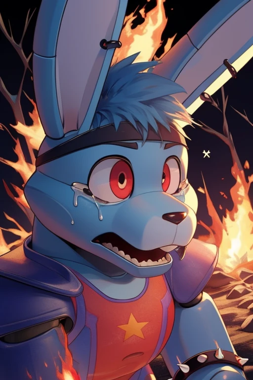 <lora:glambon-06:1> glambon, robot, ,, rabbit ears, furry, solo, star (symbol), jewelry, spiked bracelet, fingerless gloves, headband, blue skin, red swimsuit, navy shoulder pads, blue fur, extremely detailed background, 8k, fire background, wildfire, burning forest, black forest, scared, sad crying, close up shot,, masterpiece, best quality