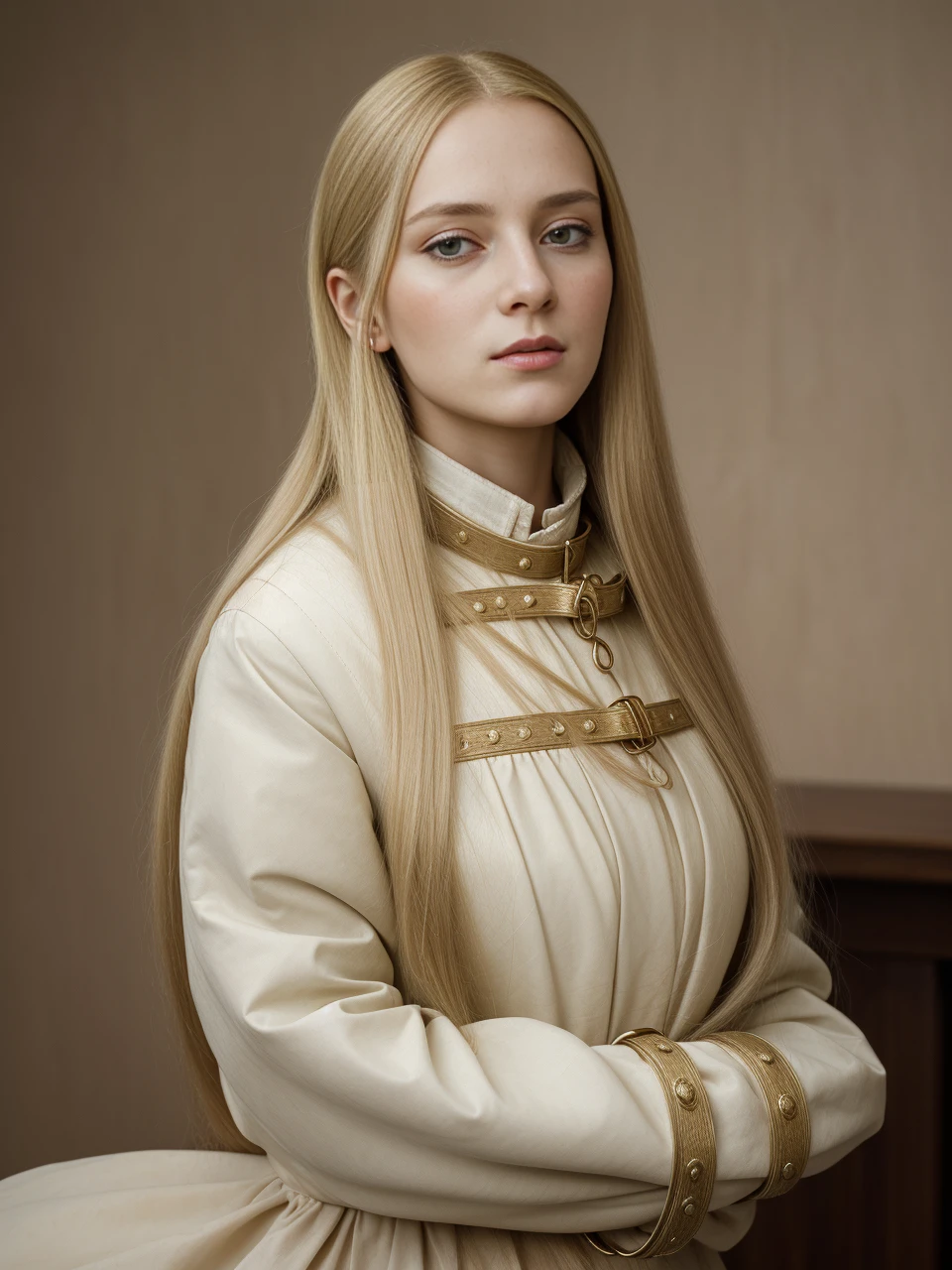 <lora:StraightJacket:1> 1833,  Krakow, an intricate portrait of a young woman with long blonde  straight hair wearing a straight jacket, tack sharp, 4k, master piece