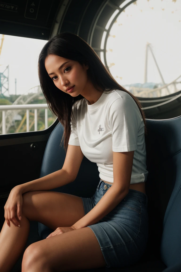 (Cinematic Shot:1.3) TTower13_Dominique (skinny, slim, slender, narrow waist:1.3) ((Photo Focus, DOF, Aperture, insanely detailed and intricate, character, hypermaximalist, hyper realistic, super detailed, (lens flare))) (sitting inside a roller coaster:1.3) (wearing jeans and t-shirt1.3) <lora:exposure_control_v10:-0.2> <lora:more_details:0.3>