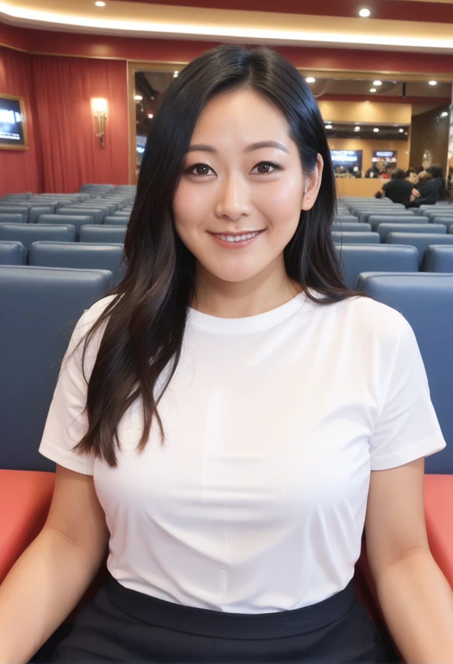 1 girl, Beautiful woman on beauty seminar, sitting on gray chair, mic on right hand, speaking, LED background with her photos, on stage, wood enviroment background, tanned skin, white shirt, show cleavage, close up, looking camera