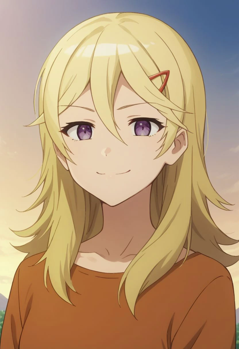 score_9, score_8_up, score_7_up, source_anime, highly detailed, 
landlord, 1girl, solo, blonde hair, hair ornament, hair between eyes, hairclip, pants, upper body, orange shirt, purple eyes, black pants, shirt, smile,
outdoor, sky,