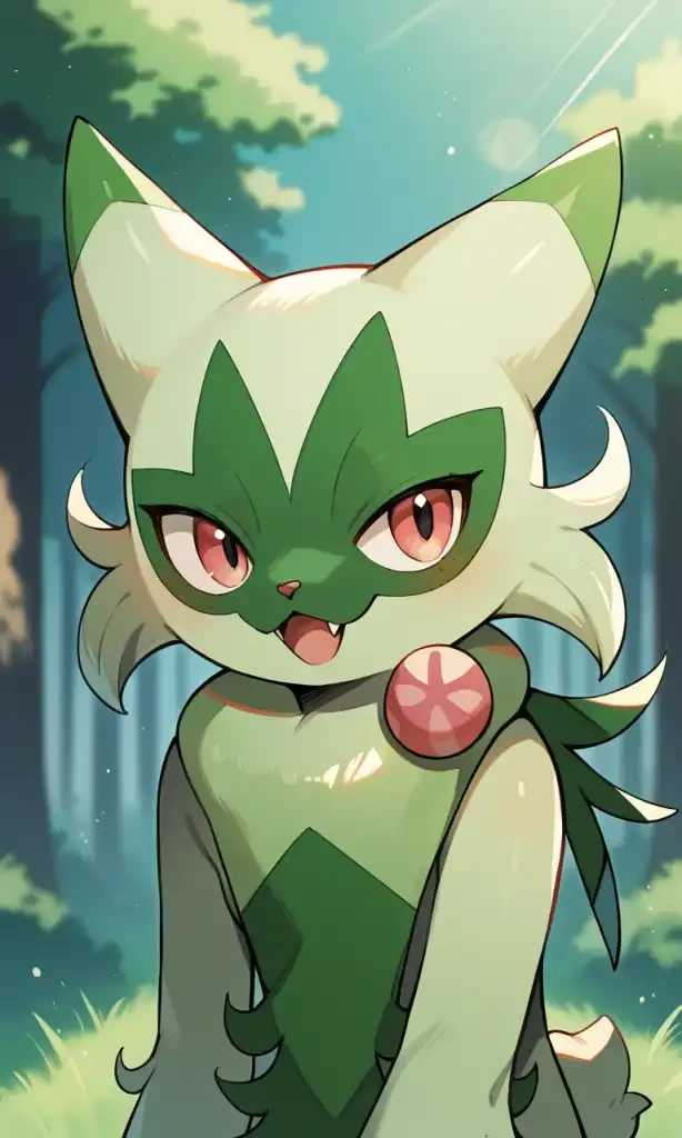 score_9,score_8_up,score_7_up, source_anime, source_furry, 1girl, solo, confident, happy, pokemon, outdoors, floragato, happy, forest, portrait,  upper body