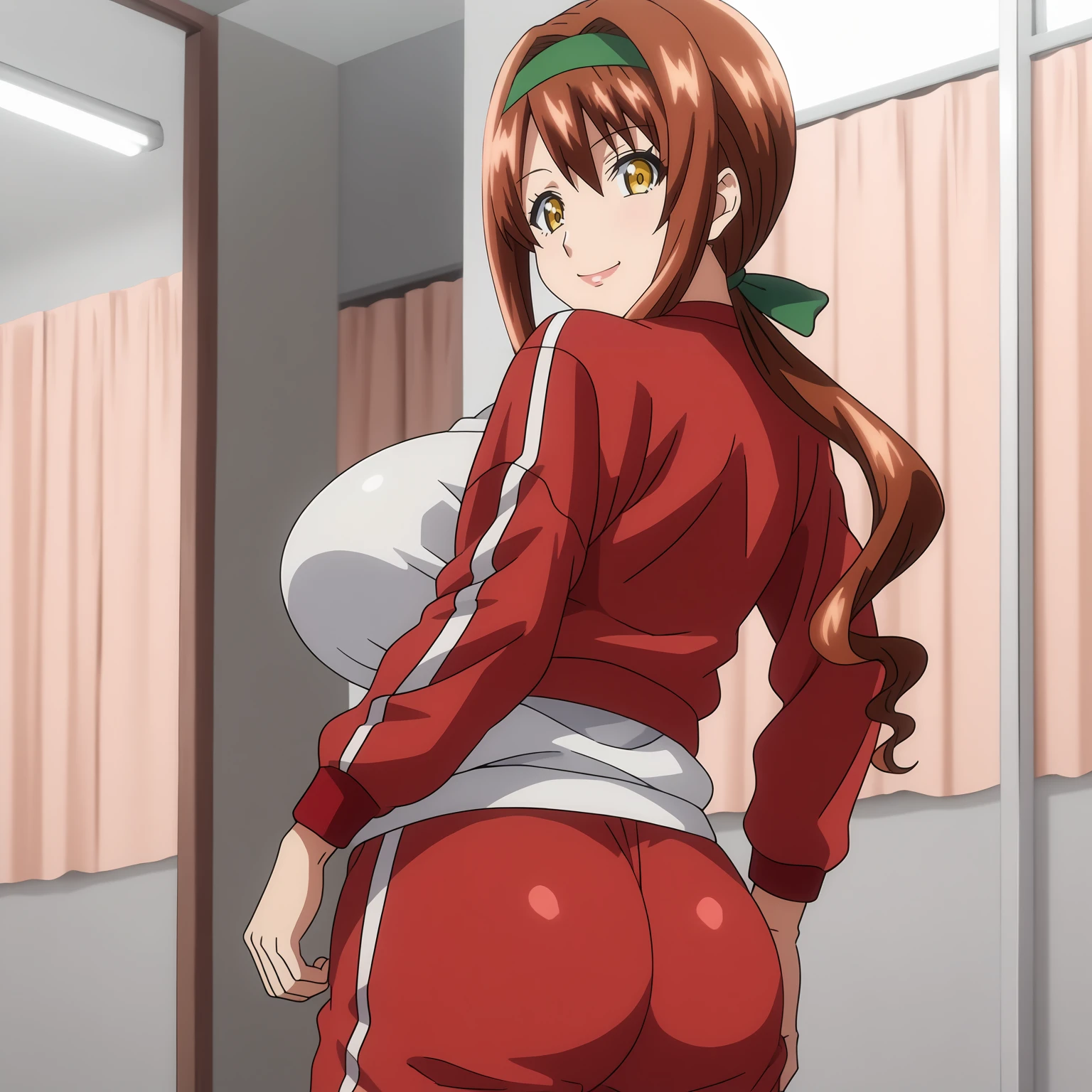 <lora:HarukaShigaXLpony001>,
smile,
solo,
HarukaShiga,1girl,brown hair,green hair band,low ponytail,yellow eyes,
large breasts,
gym uniform,red jacket,
red pants,
looking back,