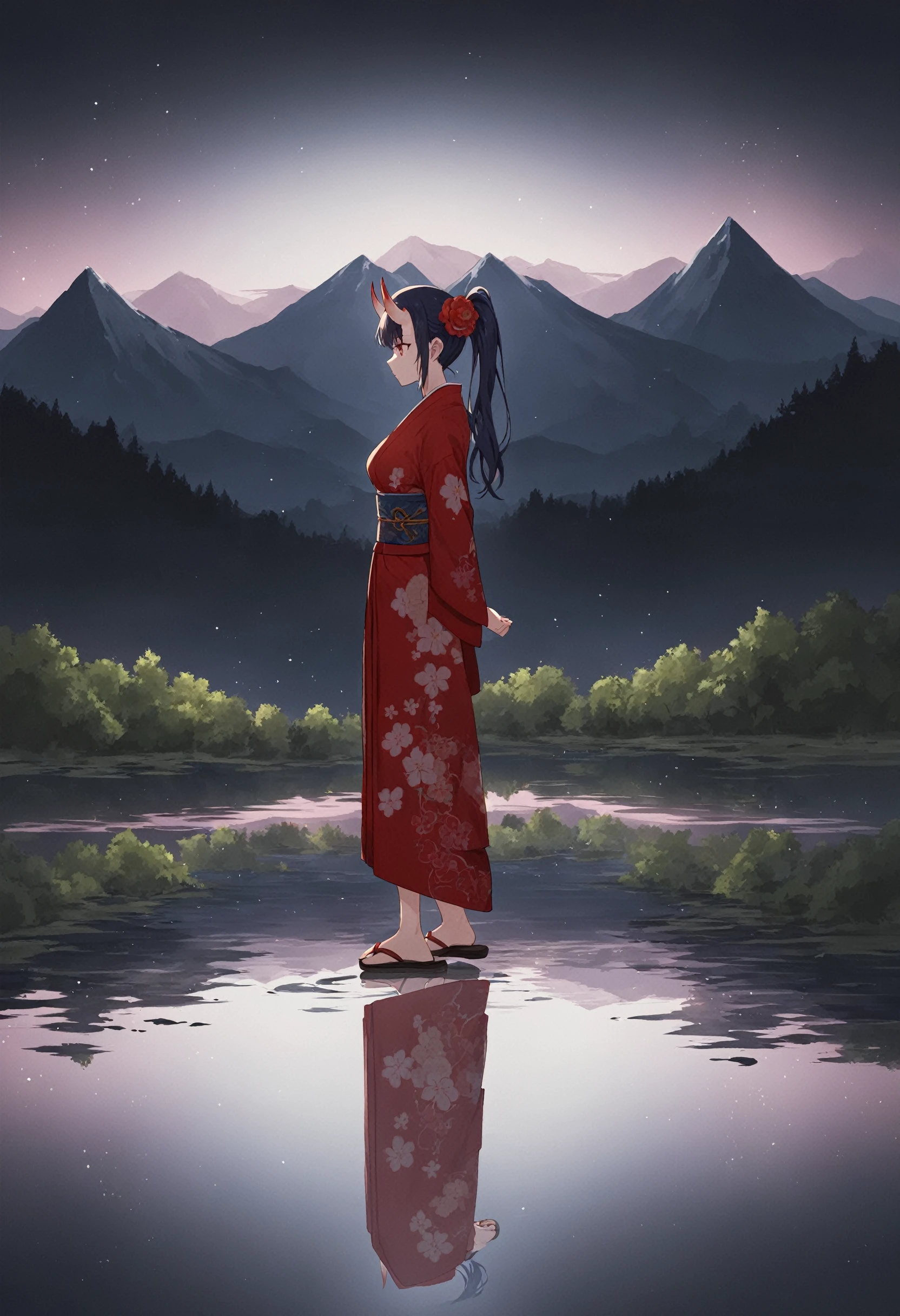 score_9, score_8_up, score_7_up, BREAK
detailed, aesthetic, 1girl, ethereal lighting, purple, nighttime, darkness, surreal art, fantasy, glowing, night, (dark environment), oni horns, long hair, side ponytail, red kimono, floral print, hair flower, sash, haori, scenery, ink, mountains, water, trees, full body, reflection, light, arm behind back, sandals, from side
