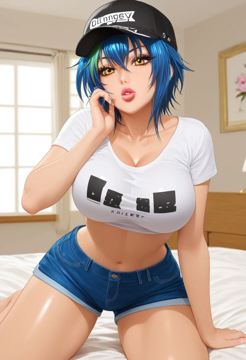 Masterpiece, best quality, high quality, highres, 4k, detailed face, Expressiveh, xenovia quarta, blue hair, green streak, short hair, yellow eyes, large breasts, parted lips, shiny lips, lipgloss, gyaru, bmbplora, long eyelashes, t-shirt, shorts, ball cap, midriff,