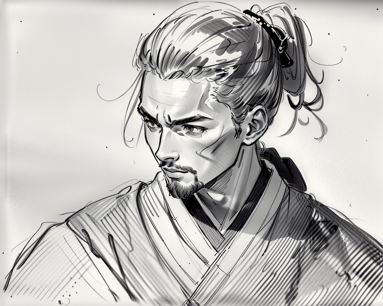 best quality,masterpiece,highly detailed,ultra-detailed, 
 <lora:neg9V2_last:0.7>  1boy,young samurai,kimono,high ponytail, 
 <lora:doodle:1>( å¡é´, doodle, monochrome, traditional media, greyscale, sketch,:1.3) simple background