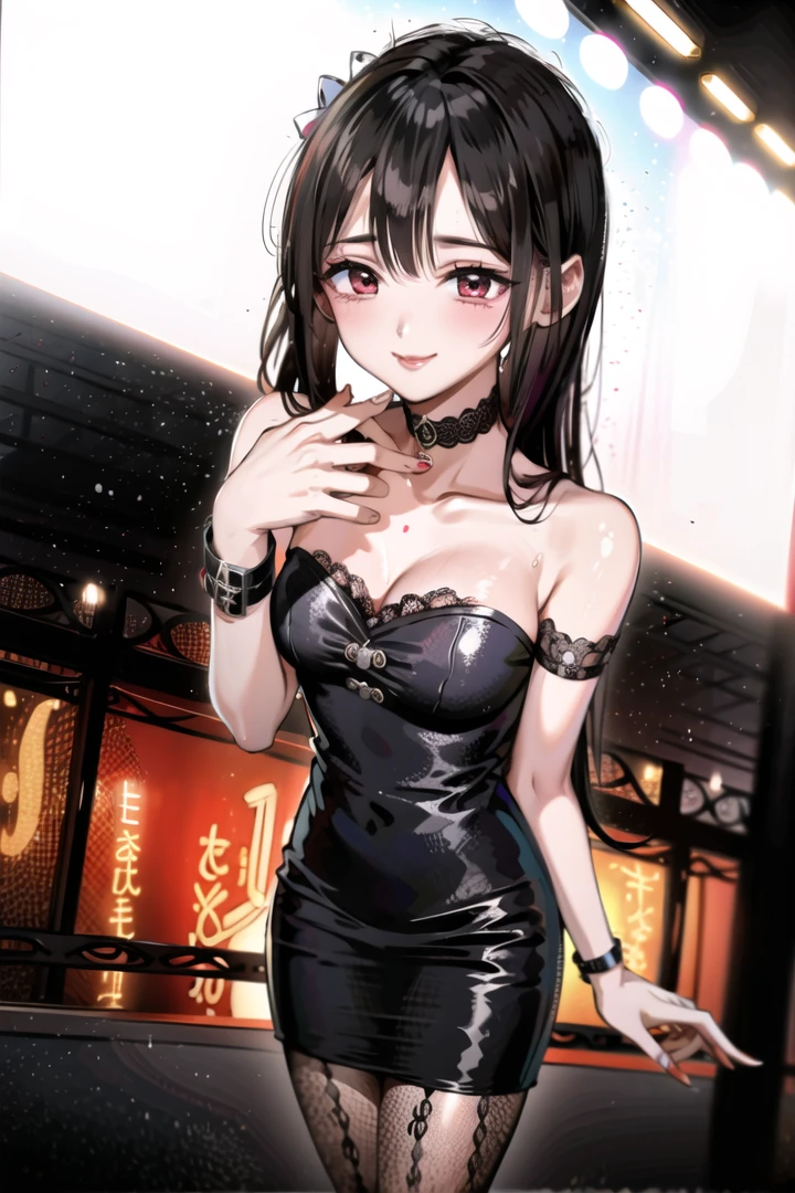 1girl,solo,(lewd smile:1.2),(lustful:1.2),(heavy makeup:1.1),(temptation:1.1),gothic,choker,bracelet,pantyhose,black dress,t-back,very long straight hair,standing,nightclub,high heels,<lora:monika_hayashi3:1>,