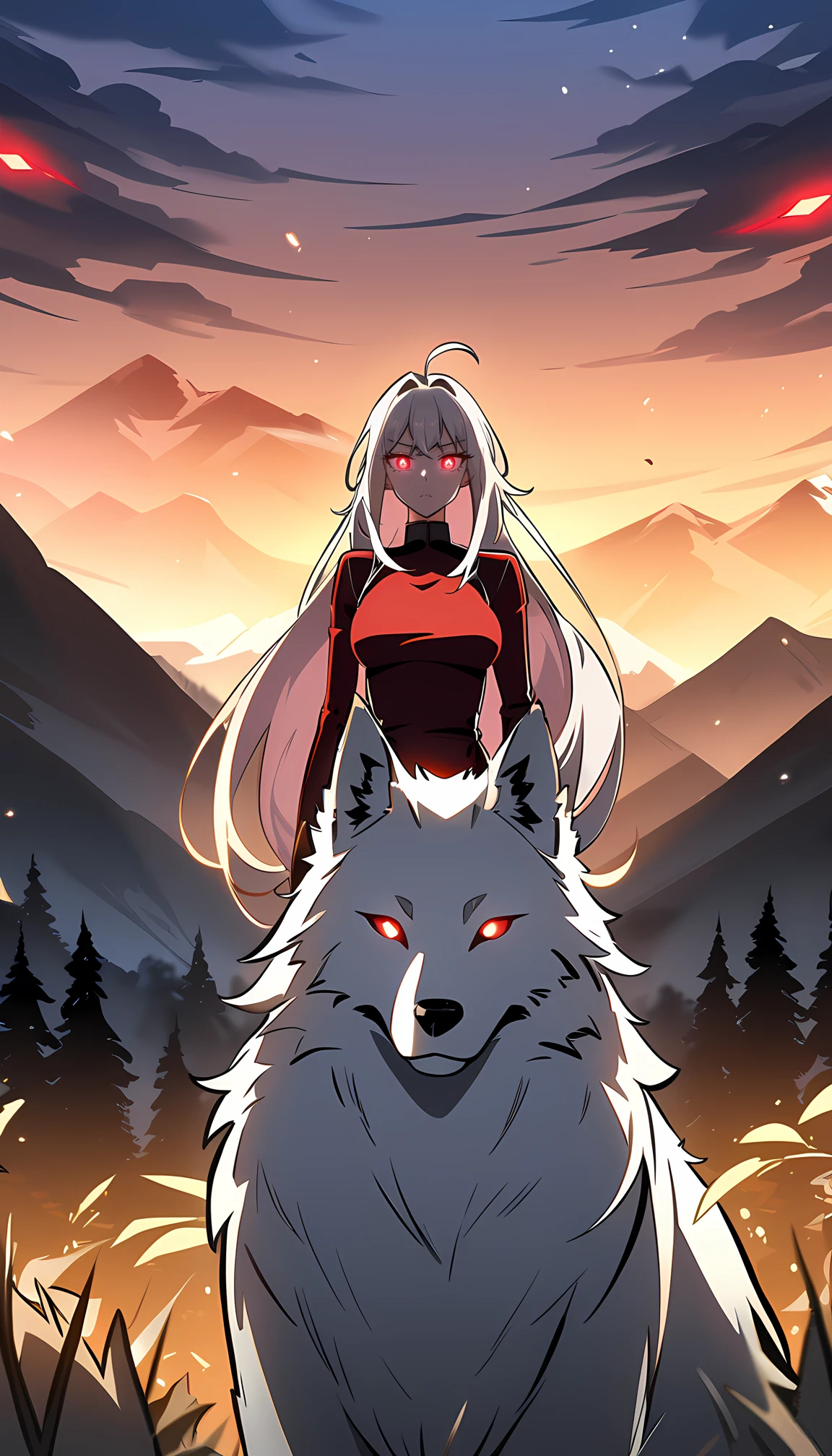 fantasy-style, 1girl, long hair, long sleeves, red eyes, closed mouth, very long hair, white hair, ahoge, glowing, animal, glowing eyes, mountain, wolf