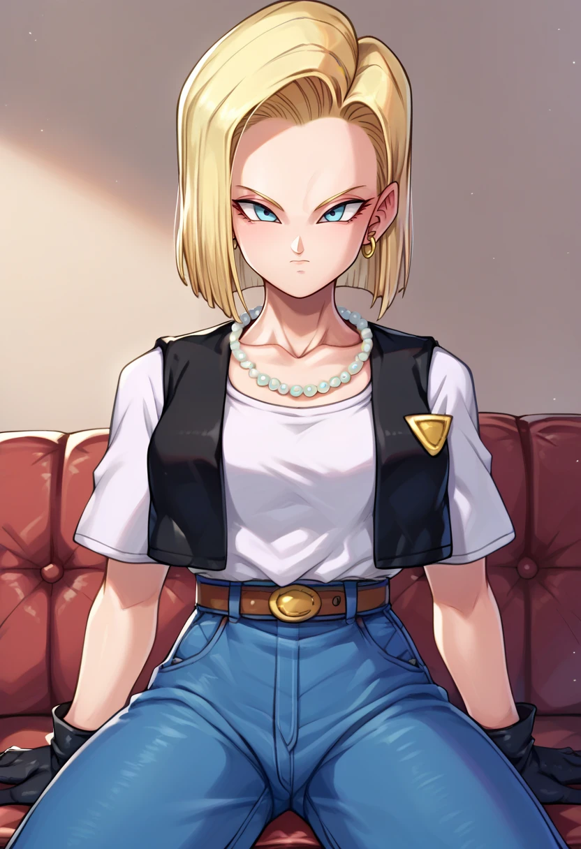 score_9,score_8_up,score_7_up,score_9,score_8_up,score_8,ultra detailed,beautiful face,highres BREAK <lora:18:0.9>,Android18SDXL,1girl,solo,short hair,blue eyes,blonde hair,gloves,jewelry,earrings,black gloves,belt,pants,necklace,vest,denim,jeans,pearl necklace,high-waist pants,android 18,cowboy shot,room,room background,sitting,