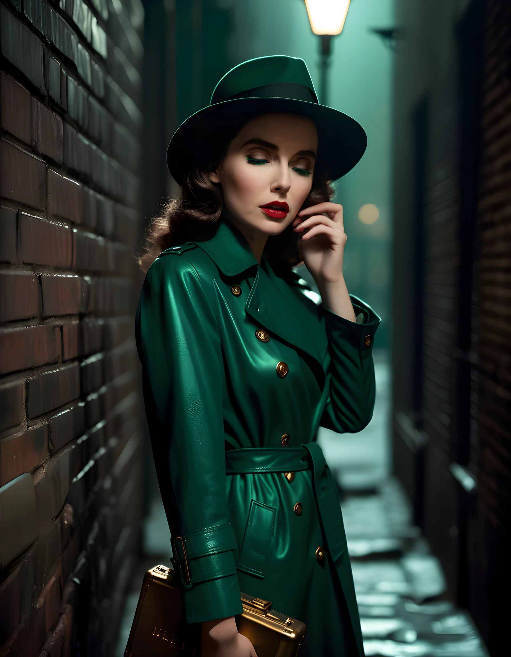 In a noir-inspired setting, a captivating Lena is elegantly posed in the dimly lit alleyway of 1940s New York City. Her silhouette, illuminated by a solitary streetlamp, stands out against the gritty brick wall. Draped in a shimmering emerald-green trench coat with a matching fedora tilted low over her eyes, she exudes an enigmatic air of mystery and intrigue, her lips pursed as if about to share a cryptic secret, while holding a vintage leather case adorned with golden letters that seems to contain the answers to unsolved mysteries.