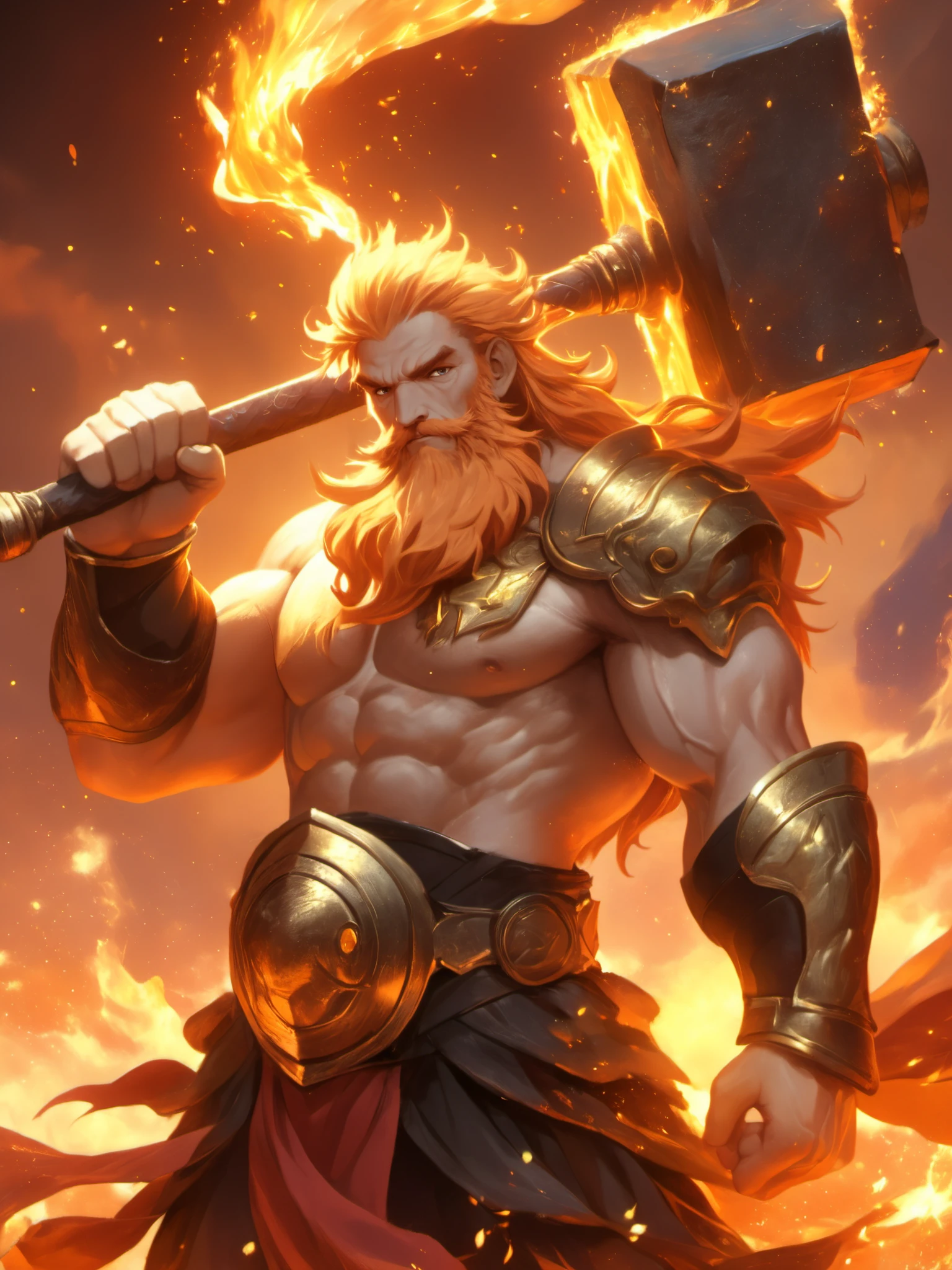 FRESHIDEAS Hercules 1boy autumn autumn leaves axe battle beard breathing fire burning burnt clothes campfire candle candlelight candlestand charizard charmander cooking destruction dusk embers energy evening explosion facial hair fiery hair fiery wings fire fireplace fireworks firing flame flaming sword flaming weapon glowing glowing hair glowing weapon gold gradient sky honey lantern magic male focus manly molten rock mountain muzzle flash old old man open mouth orange background orange sky orange theme phoenix pyrokinesis red sky signature sky smoke solo sparkle sparkler sparks standing star \(sky\) starry sky sun sunrise sunset sword tail-tip fire teeth torch twilight volcano weapon white hair wings yellow sky Anime Style High Fantasy Digital Art Masterpiece Painting Ultra Detailed Ultra HD 8K Resolution 3D Shading Excellent Quality Cover Illustration Intricate Design Glowing Highlights Rich Vibrant Colors Surreal Detailed Super detailed high contrast.