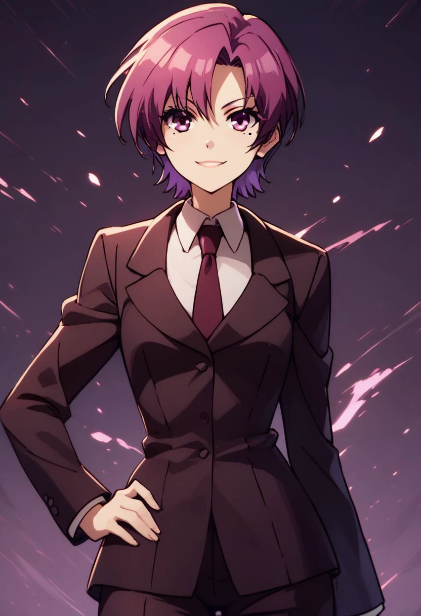 score_9, score_8_up, score_8, medium breasts, (curvy), cute, eyelashes,     
rating safe, 
BREAK,
zzBazett, short hair, purple eyes, purple hair, mole under eye, necktie, formal black suit,
 hand on hip, 
BREAK,
smile, looking at viewer, cowboy shot, 
abstract background, purple theme, 
zPDXL, Expressiveh