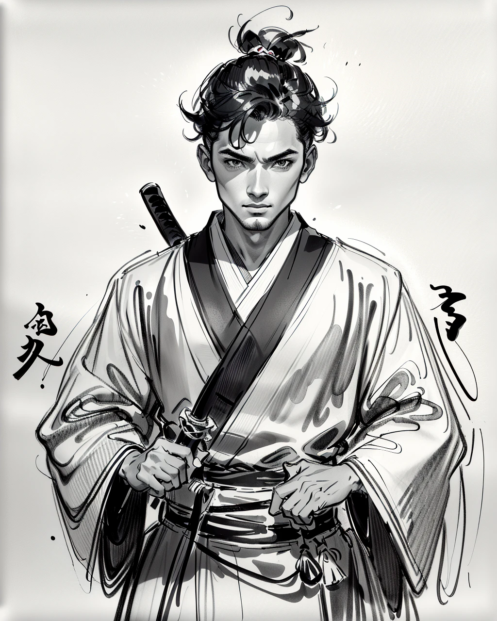 best quality,masterpiece,highly detailed,ultra-detailed, 
 <lora:neg9V2_last:0.7>  1boy,young samurai,kimono,holding katana, 
 <lora:doodle:1>( å¡é´, doodle, monochrome, traditional media, greyscale, sketch,:1.3) simple background