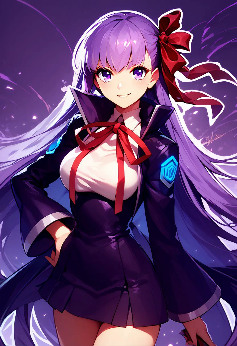 score_9, score_8_up, score_8, medium breasts, (curvy), cute, eyelashes,     
rating safe, 
BREAK,
zzBB, long hair, purple hair, purple eyes, bangs, ribbon, breasts, hair ribbon, smile, large breasts, very long hair, red ribbon, blush, neck ribbon,
 hand on hip, 
BREAK,
smile, looking at viewer, cowboy shot, 
abstract background, purple theme, white outline, 
zPDXL, Expressiveh