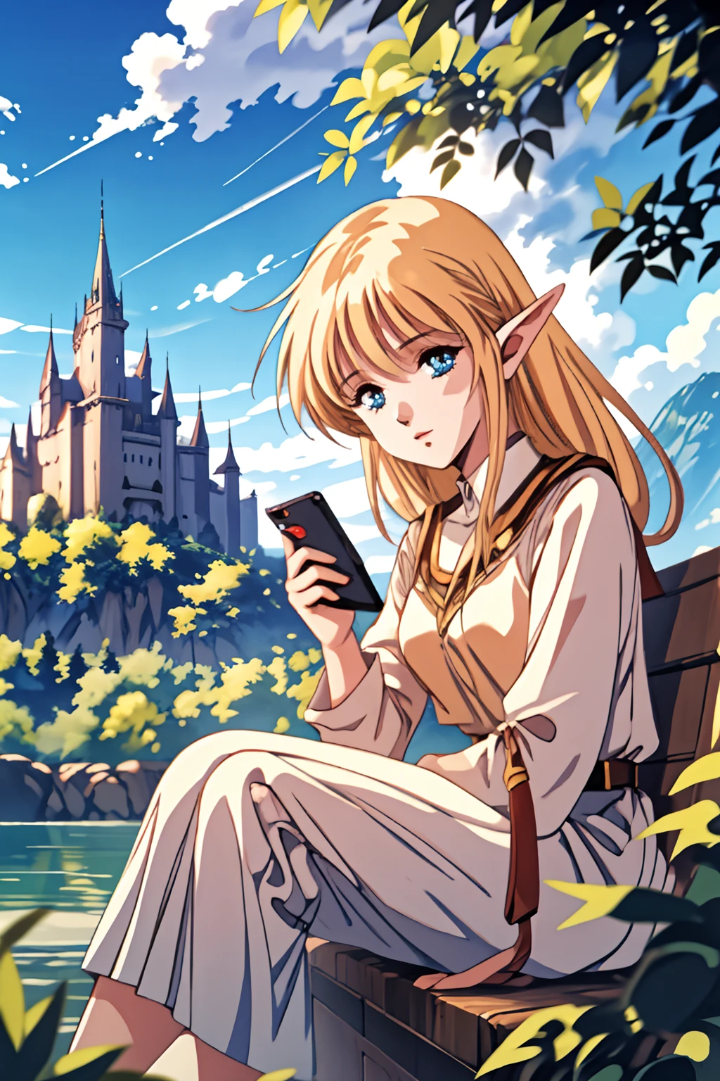 elf girl, watching ((smartphone)), fantasy, outdoor , castle, sitting, blue sky