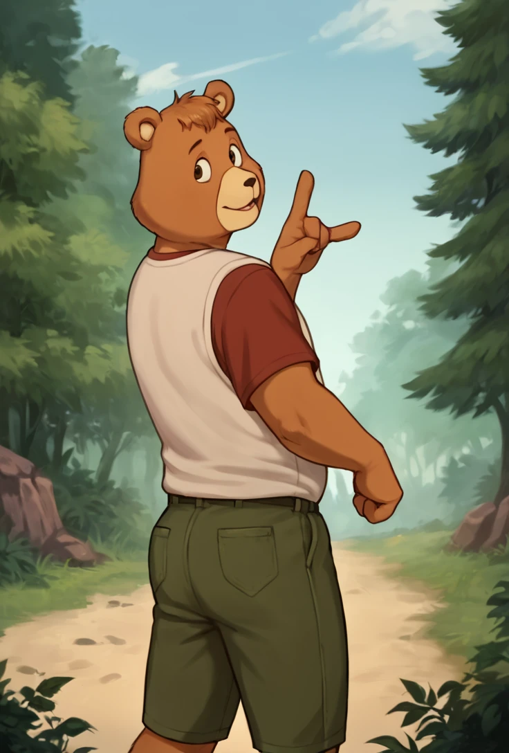 score_9, score_8_up, score_7_up, score_6_up, source_realistic, highly detailed, detailed eyes, 1boy, Teddy Ruxpin, cartoon bear standing in a forest, looking back at viewer, gesture, <lora:TeddyRuxpin0.1:1>