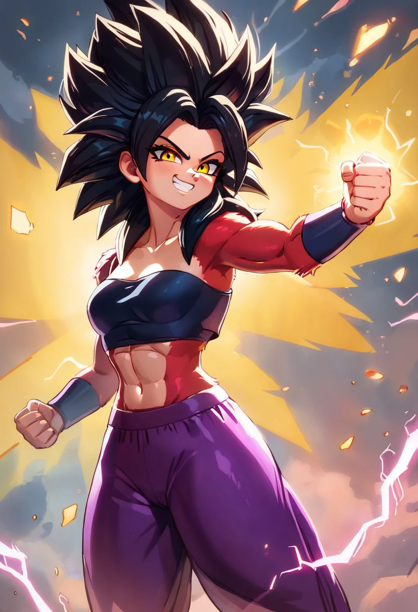 score_9, score_8_up, score_8, cute, curvy, 
 Super_Saiyan_4_Caulifla,  1girl,  crop top,  long black hair,  body fur,  red fur, yellow eyes, 
purple pants, 
Aura, energy, glowing, swirling energy,  
electricity, aura, smile, smug, clenched_fist, looking at viewer, cowboy shot,  glowing, aura, energy, beam, flying debris, serious, floating hair,