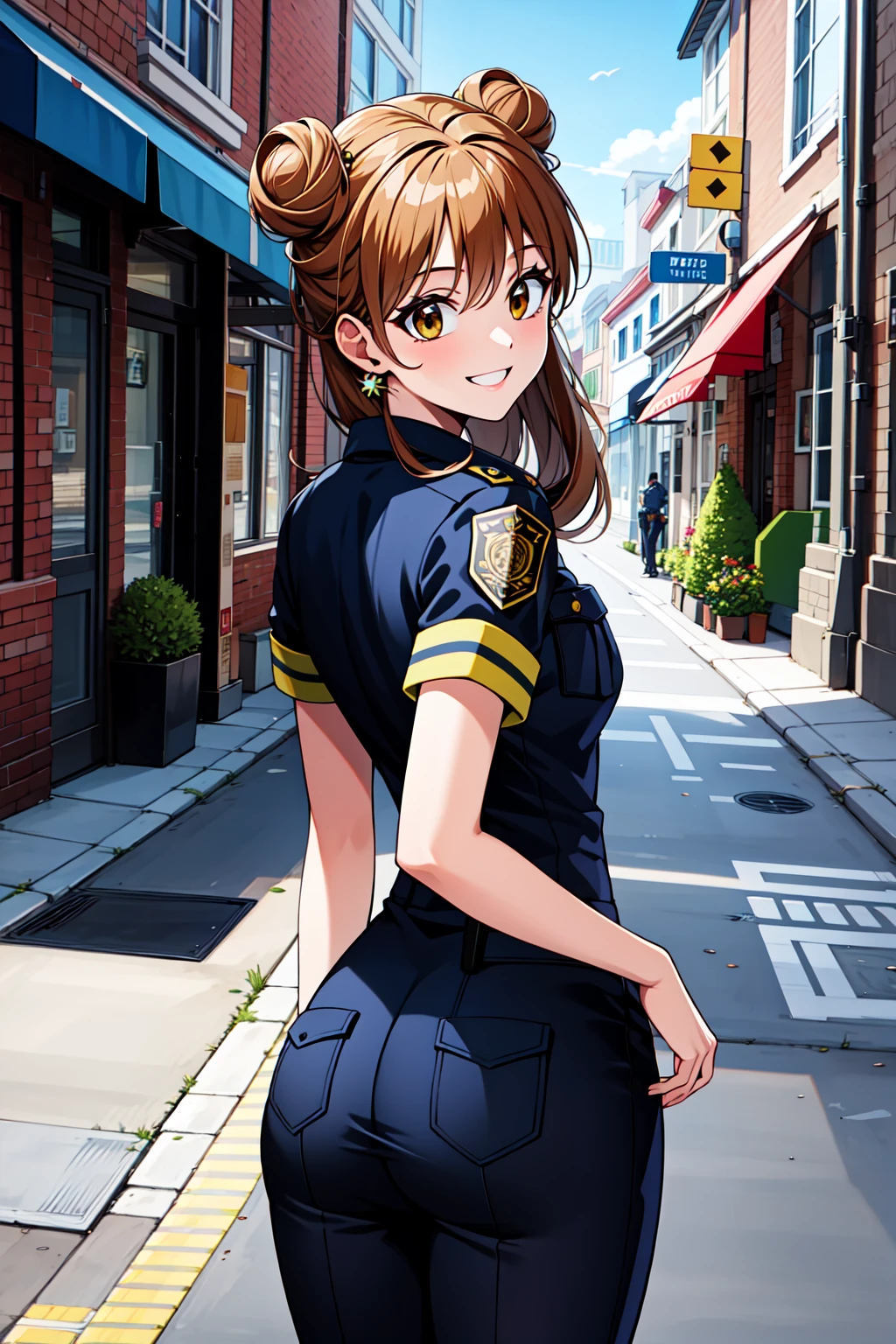 best quality, masterpiece, highrers, maronk, smile, hair down, doughnut hair buns, police uniform, street, outdoors, cowboy shot, looking back, <lora:maronk-000007:.6>