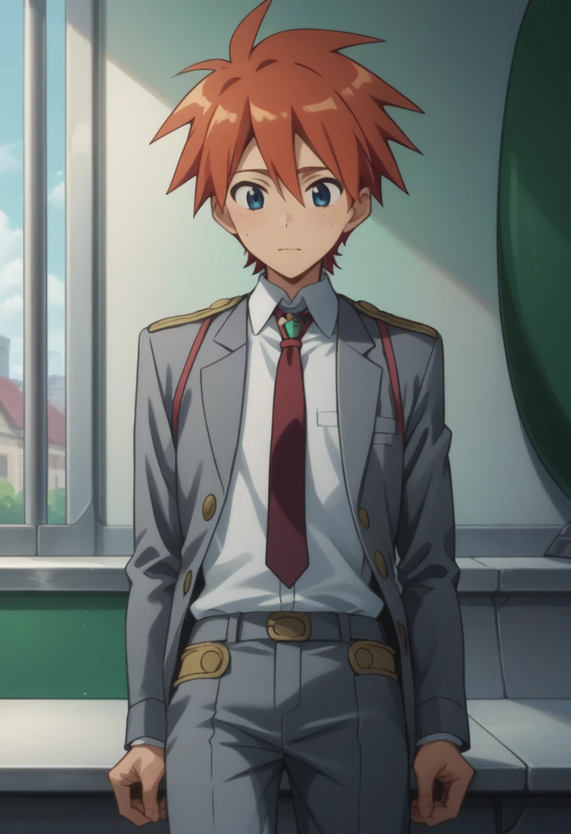 score_9, score_8_up, score_7_up, score_6_up, highly detailed, masterpiece, best quality,detailed,intricate details, amazing quality, best aesthetic, absurdres,source_anime,
male focus, 1boy, gimmy adai orange hair blue eyes male focus SCHOOL UNIFORM, uniform,,
NECKTIE, grey jacket, grey pants<lora:EMS-400627-EMS:1.000000>