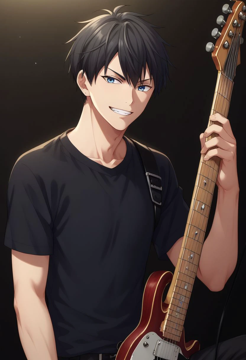 score_9, score_8_up, score_7_up, source_anime, highly detailed, skinny, short neck,
ueno, male focus, 1boy, instrument, guitar, solo, plectrum, black hair, blue eyes, pants, music, shirt, microphone stand, electric guitar, playing instrument, black shirt, grin, upper body,
indoor,