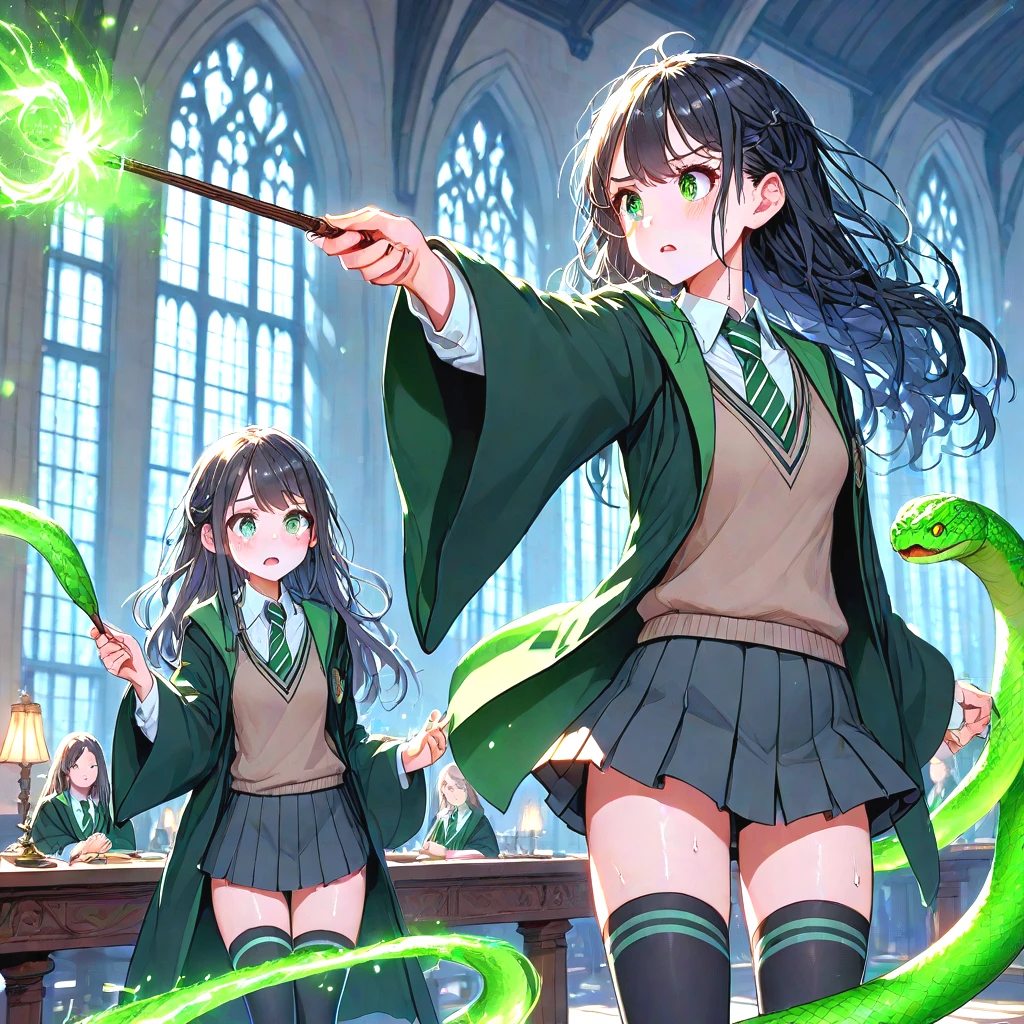 score_9, score_8_up, 2girls, slytherin, avada kedavra, green light, holding wand, magic, wide sleeves, striped necktie, sweater, pleated skirt, thighhighs, robe, wind, table, window, hogwarts school uniform, cute, long hair, black hair, medium tits, sweat, shy, blush, parted lips, snake, serpent, <lora:girllikeslytherin_pony05:0.8>