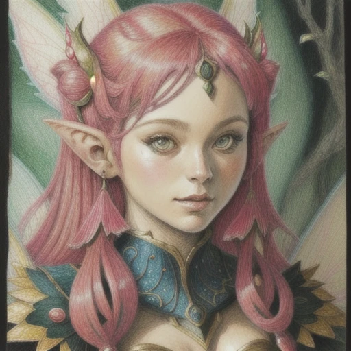 imcc style, fairy, portrait, focus on face, fantasy, color pencil drawing, <lora:Iain_McCaig_style:1>