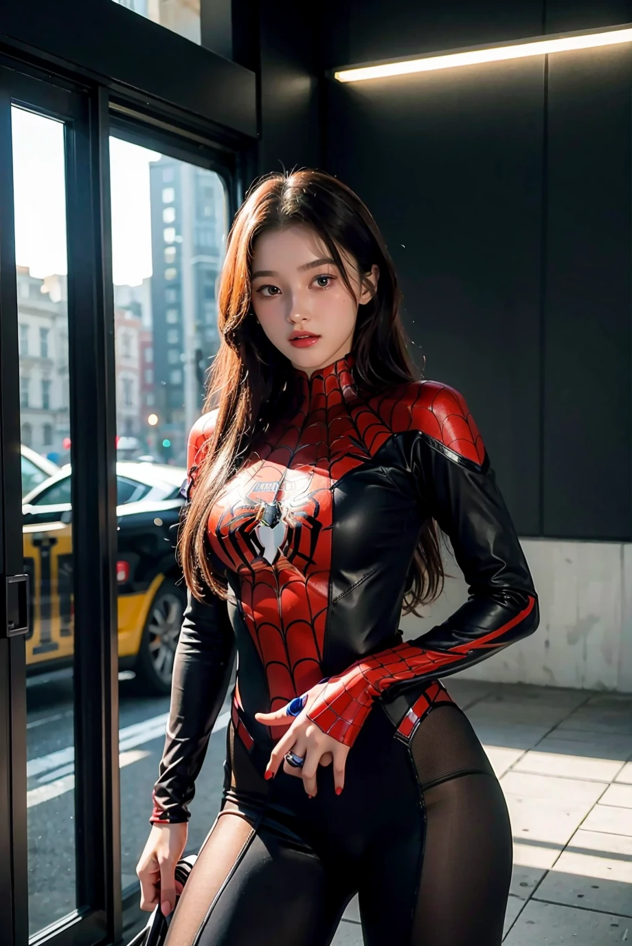 (masterpiece), best quality, perfect body, 18yo GIRL, spiderman armor suit,  <lora:nancyjewel_mcdonnie-02:1>