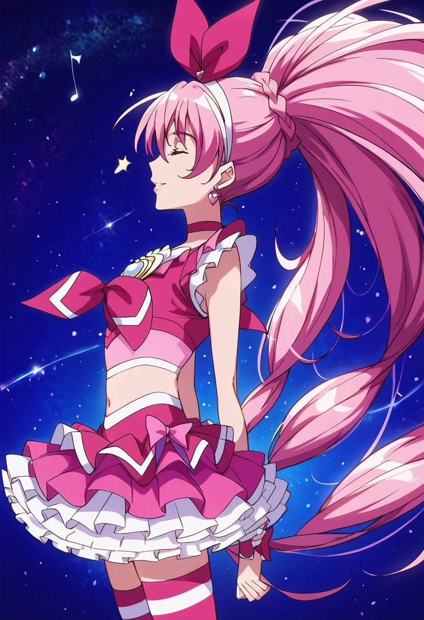 score_9, score_8_up, score_7_up, source_anime BREAK
cure melody, 1girl, solo, pink hair, closed eyes, pink bow, midriff, jewelry, pink choker, musical note, earrings, wrist cuffs, pink legwear, frills, pink skirt, treble clef, zettai ryouiki, eighth note, frilled skirt, ponytail, beamed eighth notes, layered skirt, quarter note, very long hair, profile, pink shirt, bass clef, pink theme, crop top, hair ribbon, cowboy shot, flat sign, hair bow, sharp sign, standing, beamed sixteenth notes, brooch, pink neckwear, sixteenth note, twintails, miniskirt, sparkle, petticoat, from side, floating hair, hair ornament, eighth rest, quarter rest, shiny hair, high ponytail, blue background, closed mouth, heart earrings, star \(sky\), smile, half note, parted lips, light particles, sidelocks, pink ribbon, bangs, navel, lens flare, sleeveless shirt, braid, dress, arms behind back, eyelashes, striped legwear, white hairband, white choker, pink thighhighs, arched back, starry sky
<lora:cure_melody_houjou_hibiki_sdxl_locon_pony_v1:0.7>