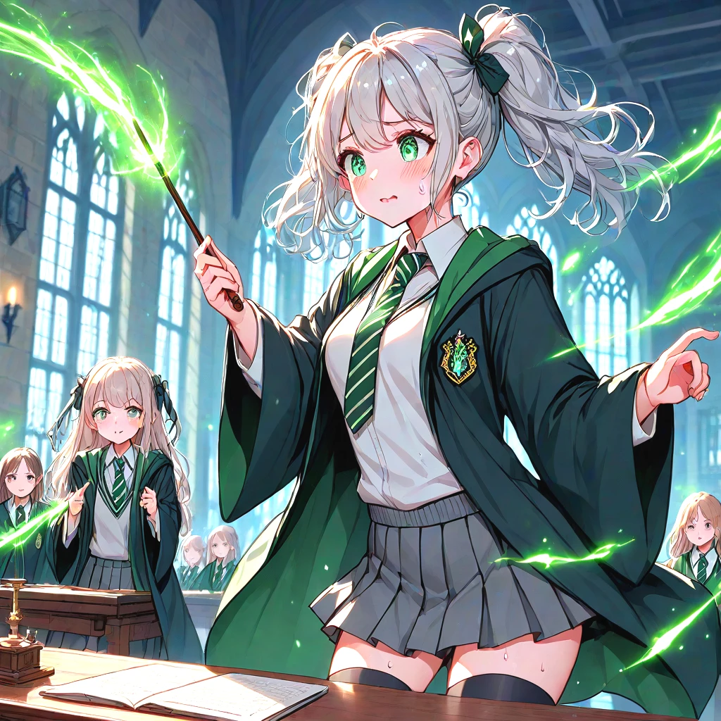 score_9, score_8_up, 1girls, slytherin, avada kedavra, green light, holding wand, magic, wide sleeves, striped necktie, sweater, pleated skirt, thighhighs, robe, wind, table, window, hogwarts school uniform, cute, medium tits, sweat, shy, blush, parted lips, light silver blonde, twintails, <lora:girllikeslytherin_pony05:0.8>