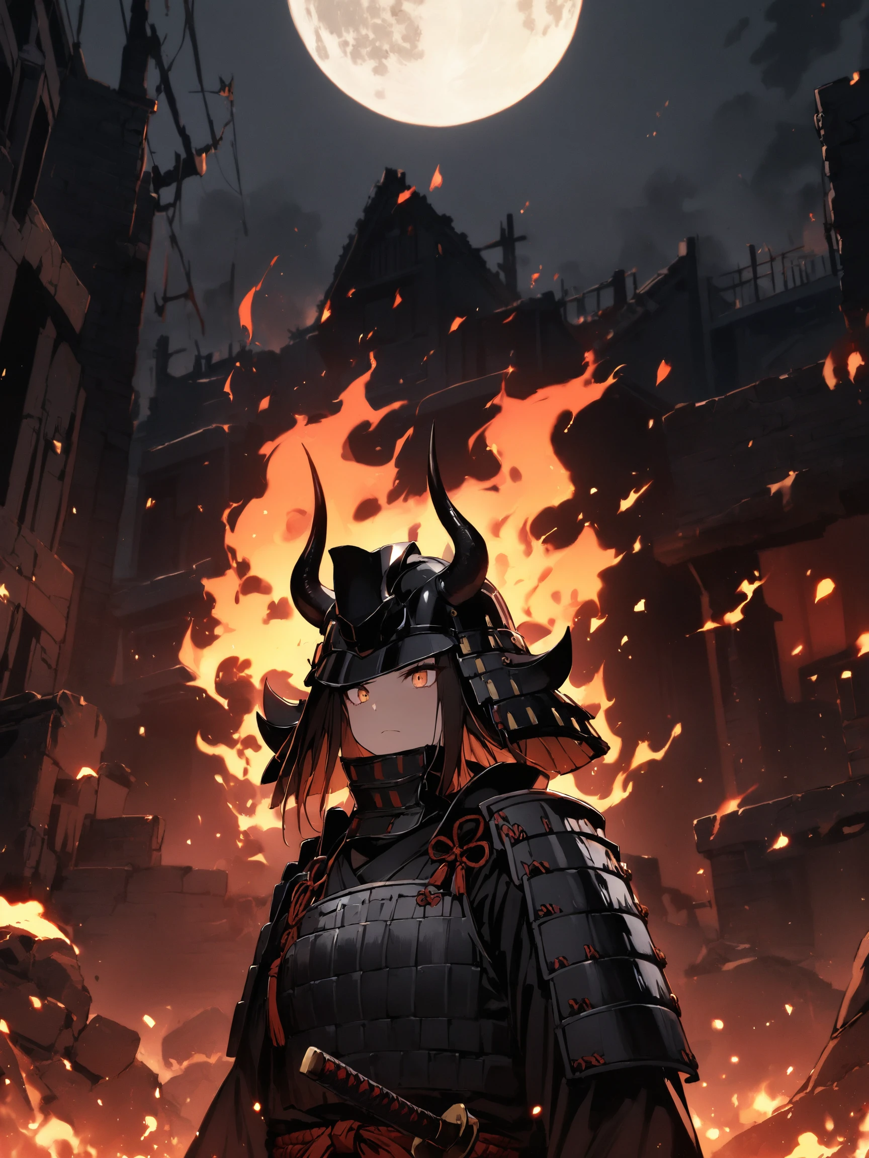 best quality, masterpieces,
1girl, clean face, stare eyes, no mask,
midnight, dark sky, moon, background on fire, dark theme, standing in front of devastated houses, ruins background,
heavy shadow, soft focus, soft lighting, subsurface scattering,
samurai armor, black samurai, samurai helmet, huge gold and black horns on helmet,
<lora:hina_samurai_armor_sdxl_rank32:0.4>