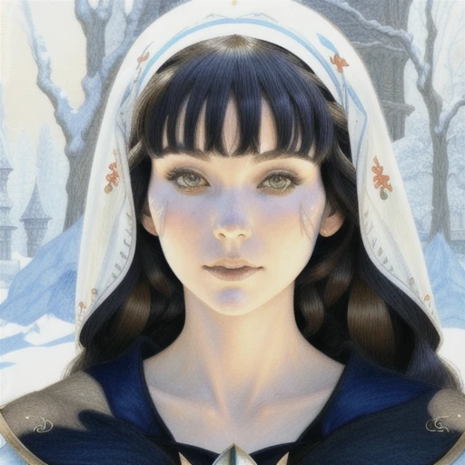 imcc style, snow-white, portrait, focus on face, fantasy, color pencil drawing, <lora:Iain_McCaig_style:1>