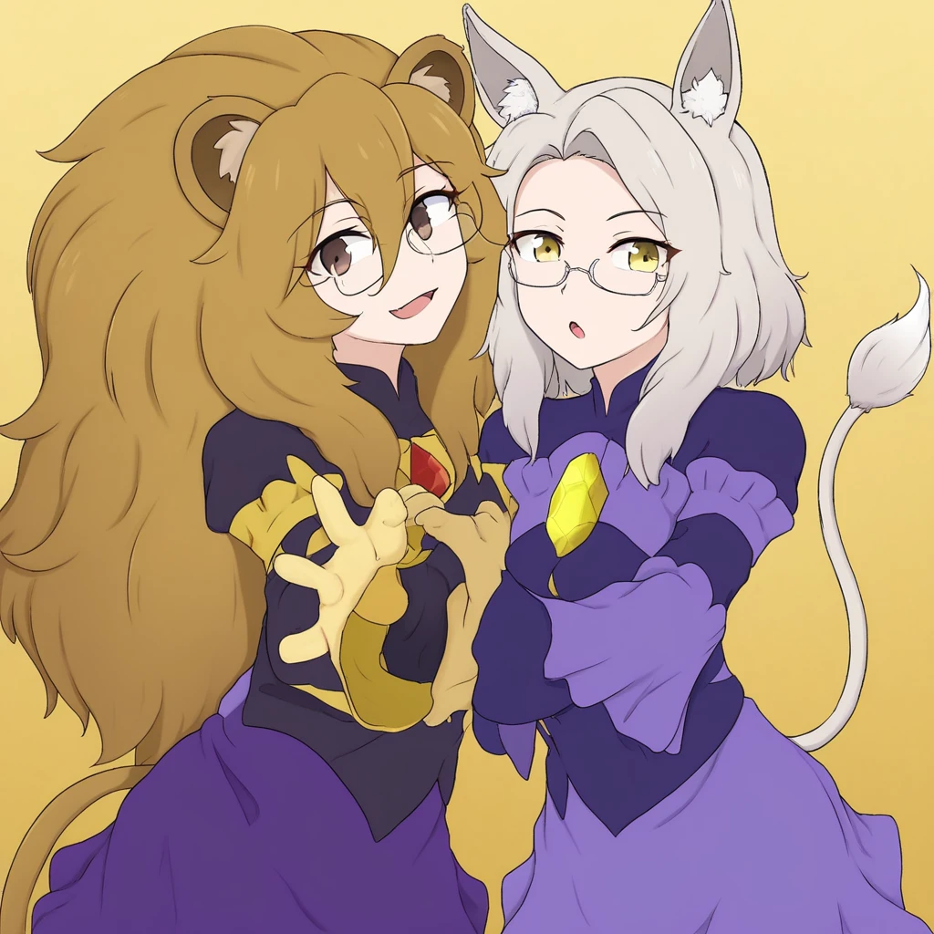 yellow gem, semi-rimless eyewear blue frills, purple skirt, yellow eyes, fox ears, 2girl, lion ears, brown eyes, lion tail, horse ears