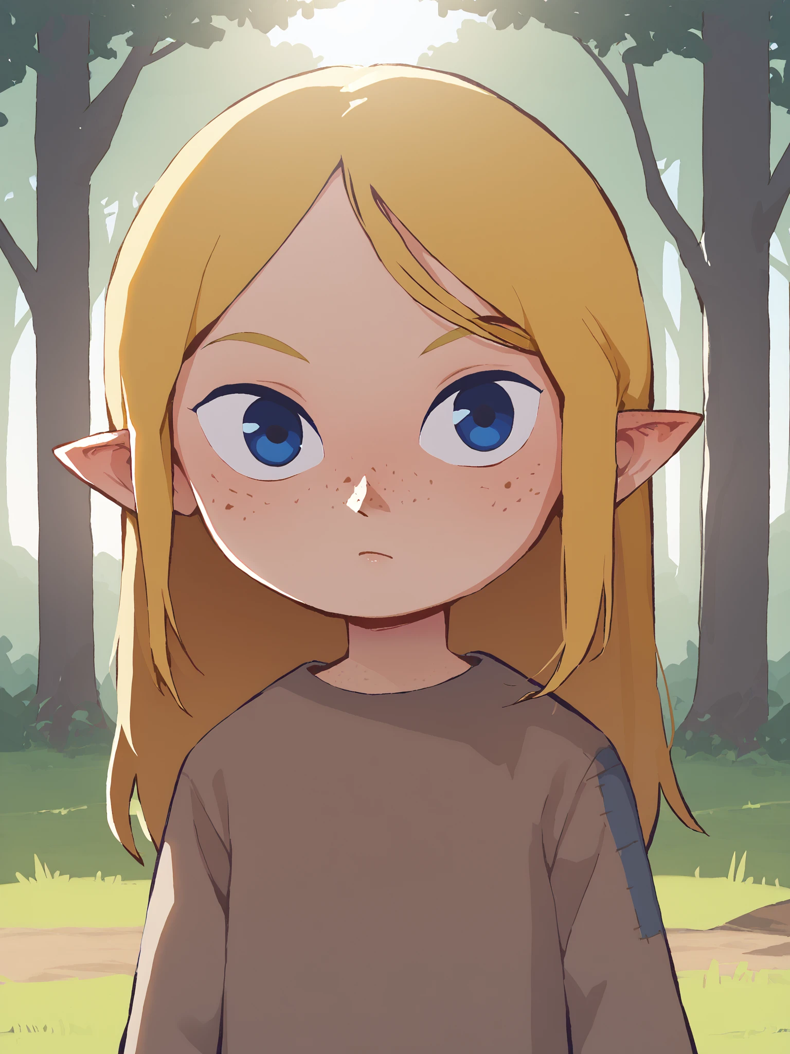 score_9, score_8_up, portrait, sharp focus, soft lighting ,outdoors, trees, milaxl, 1girl, solo, long hair, blonde hair, freckles, pointy ears, blue eyes, looking at viewer, long sleeves, patchwork clothes, dress,  <lora:milaxl:0.75>    <lora:Orenji-PonyXL-1024px:1>