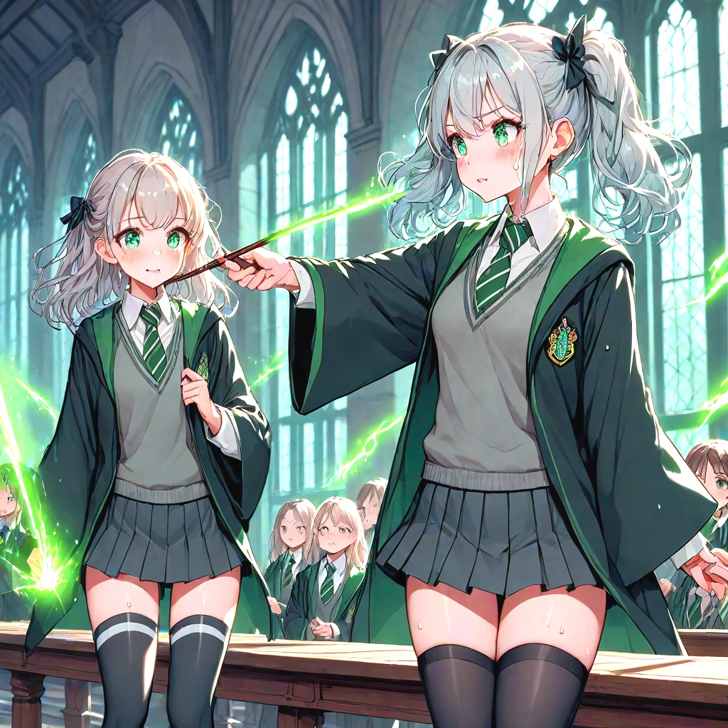 score_9, score_8_up, 1girls, slytherin, avada kedavra, green light, holding wand, magic, wide sleeves, striped necktie, sweater, pleated skirt, thighhighs, robe, wind, table, window, hogwarts school uniform, cute, medium tits, sweat, shy, blush, parted lips, light silver blonde, twintails, <lora:girllikeslytherin_pony05:0.8>