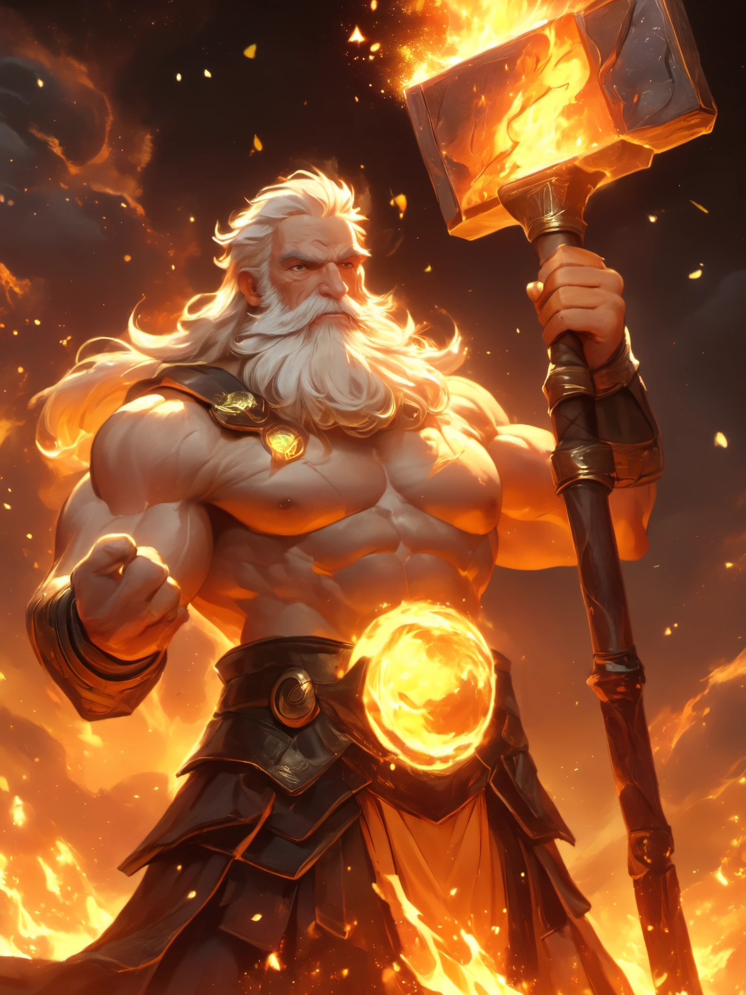FRESHIDEAS Hercules 1boy autumn autumn leaves axe battle beard breathing fire burning burnt clothes campfire candle candlelight candlestand charizard charmander cooking destruction dusk embers energy evening explosion facial hair fiery hair fiery wings fire fireplace fireworks firing flame flaming sword flaming weapon glowing glowing hair glowing weapon gold gradient sky honey lantern magic male focus manly molten rock mountain muzzle flash old old man open mouth orange background orange sky orange theme phoenix pyrokinesis red sky signature sky smoke solo sparkle sparkler sparks standing star \(sky\) starry sky sun sunrise sunset sword tail-tip fire teeth torch twilight volcano weapon white hair wings yellow sky Anime Style High Fantasy Digital Art Masterpiece Painting Ultra Detailed Ultra HD 8K Resolution 3D Shading Excellent Quality Cover Illustration Intricate Design Glowing Highlights Rich Vibrant Colors Surreal Detailed Super detailed high contrast.