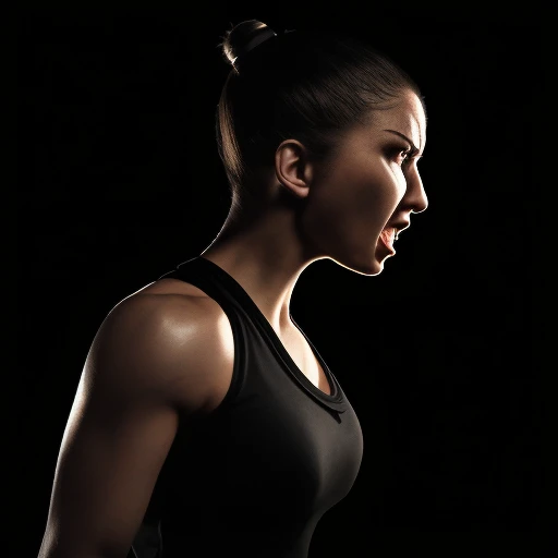 woman, facing right, face in profile, true profile, clenched teeth, snarling, menacing, head forward glaring, fighting stance, looking ahead, upper body shot, face fully visible, dramatic lighting, backlighting, black background, photograph, high quality, highres, beautiful, female