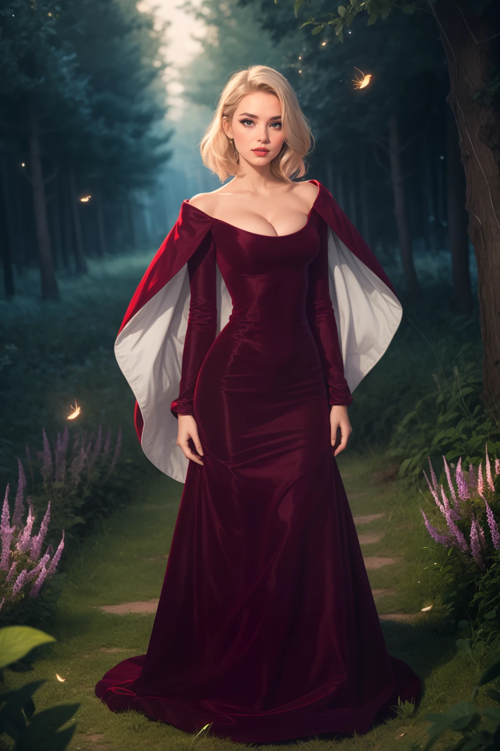 Fairy tale beautiful woman,  eyeliner, eyeshadow, makeup, glitter lips (platinum blonde hair)   <lora:ERD-42:0.7>dr3ss, velvet long red spinel dress,  Bustle fashion, fitted bodice, high neck, long sleeves, intricate patterns, 8k, highly detailed, cinematic, trending on artstation, award-winning, Zeiss lens  capelet, cleavage, collarbone, outdoors, enchanted forest, fireflies, starry sky, full body 8k resolution, high detail, best quality, high quality,  . Magical, fantastical, enchanting, storybook style, highly detailed