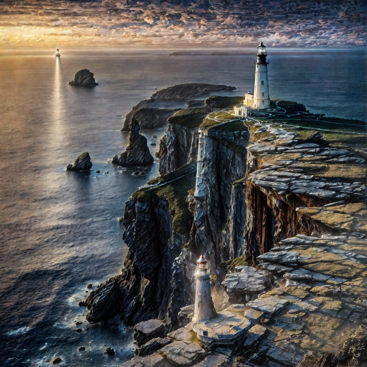 Hyperrealistic art 1girl, ethereal fantasy concept art of (a lone wanderer from a faraway land approaches a tall and ancient lighthouse with a bright piercing light:1.1), (that is high up on a lonely cliff overlooking the ocean: 1.1), (during a storm:1.1), (during sunset: 1.1), <lora:The_Dark_Side_of_the_Earth:0.7>, <lora:add_detail:0.6>, very detailed, <lora:more_details:0.6>, high quality, highres, masterpiece, best quality, 8k, intricate, detailed, magnificent, celestial, ethereal, painterly, epic, majestic, magical, fantasy art, cover art, dreamy, magnificent, celestial, ethereal, painterly, epic, majestic, magical, fantasy art, cover art, dreamy . Extremely high-resolution details, photographic, realism pushed to extreme, fine texture, incredibly lifelike