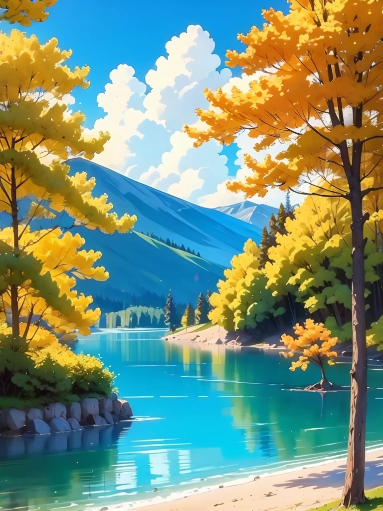 Masterpiece, Sunny, quiet, lake, blue, WeLi_il outdoors, <lora:We_illustration_awpainting:0.9>