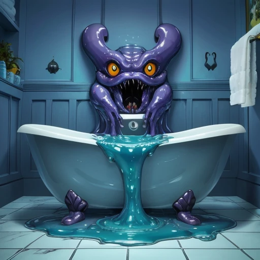 timjacobus, slime creature, eyes, bathroom, cartoon, horror theme, <lora:Tim_Jacobus_Style_Goosebumps:1>