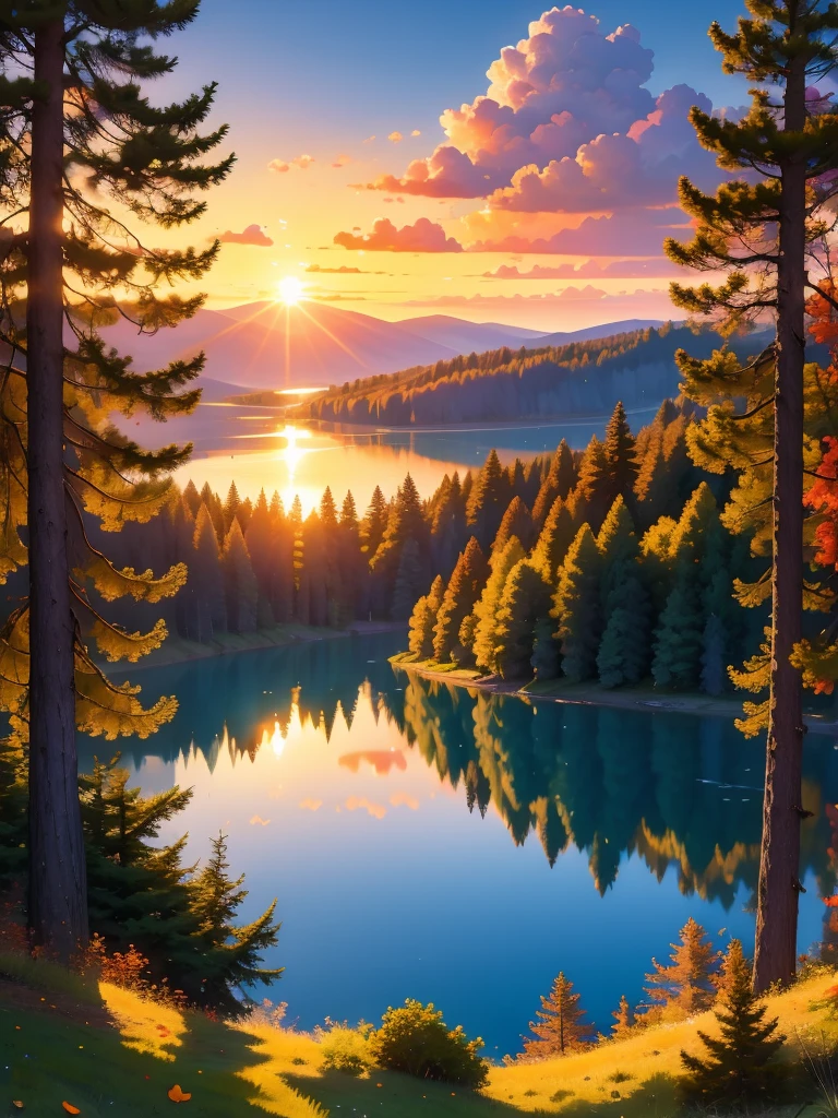 Masterpiece, perfect composition, 8K, Forest, quiet lake, sunrise WeLi_il outdoors, <lora:We_illustration_awpainting:0.6>