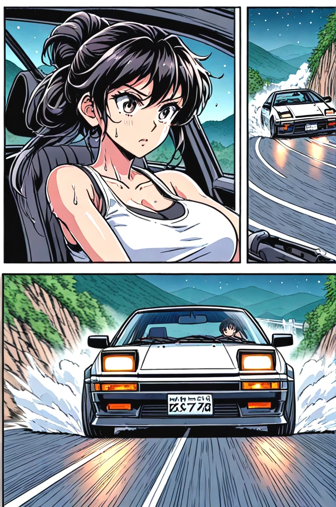 source_anime, score_9, score_8_up, score_7_up, comic, manga, drifting style, solo focus, 1girl in car interior, tank top, big tits, black hair, updo, AE 86, Initial D, seatbelt, motion lines, motion blur, driving, sports car, reflection, dust, wind, downhill, slope road, mountain road, wet, fog, tree, cliff, night, starry sky, <lora:50pics_driftingstyle_pony:0.9>