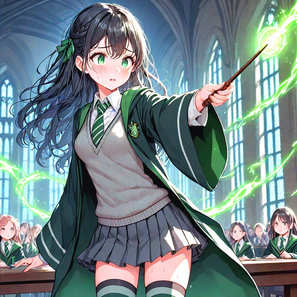 score_9, score_8_up, solo,1girls, slytherin, avada kedavra, green light, holding wand, magic, wide sleeves, striped necktie, sweater, pleated skirt, thighhighs, robe, wind, table, window, hogwarts school uniform, cute, medium tits, sweat, shy, blush, parted lips, black hair, long hair, side braid, <lora:girllikeslytherin_pony05:0.8>