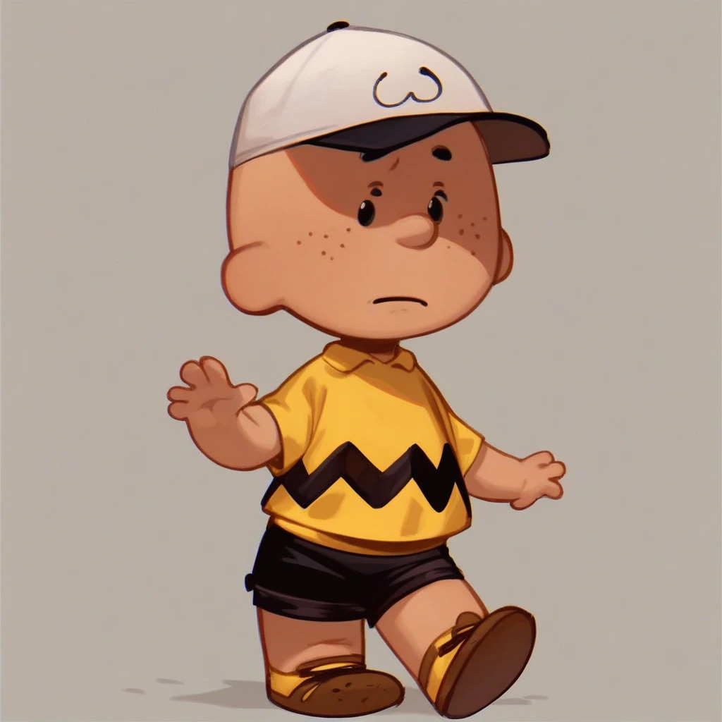 score_8, score_9, charlie brown, yellow shirt, shorts, hat