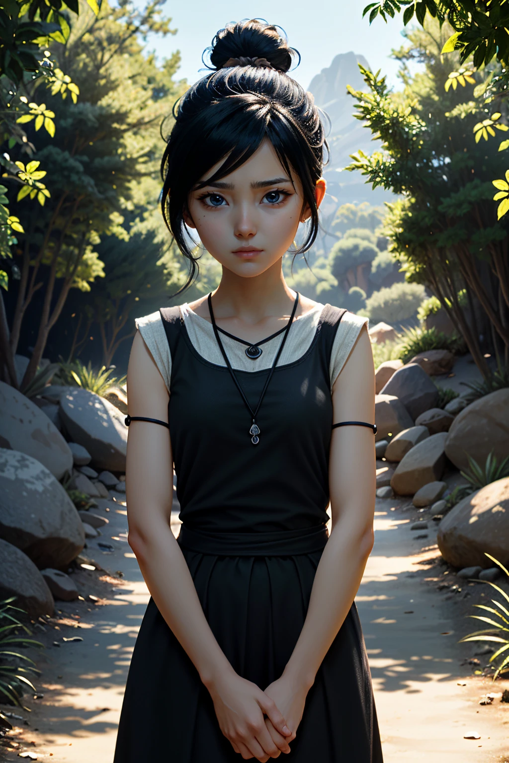 ((ultra detailed, masterpiece, absurdres))
 <lora:KBOSKena:0.8>
KBOSKena, 1girl, hair bun, black hair, looking at viewer, desert, noon, intense and shimmering sunlight